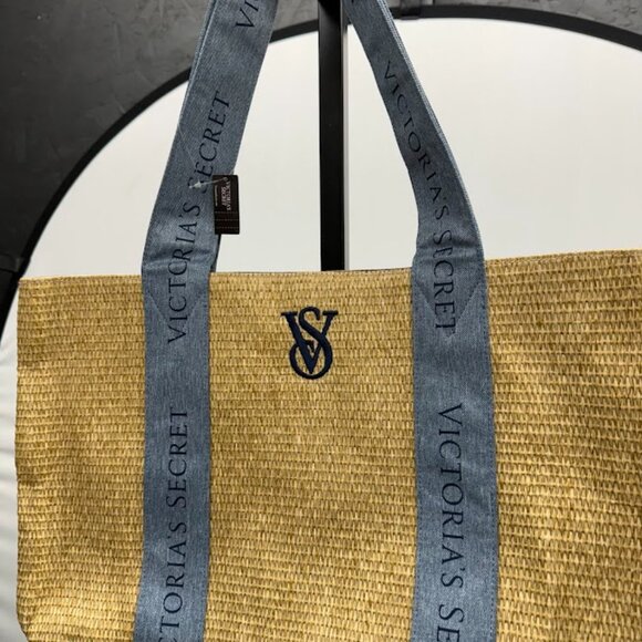 Victoria's Secret Logo Straw Denim Tote Bag - Picture 2 of 4